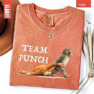 May include: A coral-colored t-shirt with the text "TEAM PUNCH" in white. The shirt features a cartoon illustration of a monkey pulling another monkey. A gold necklace with a pendant is draped on the shirt.