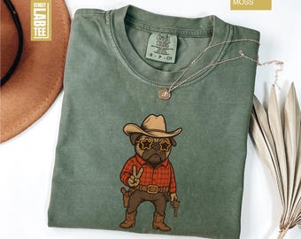Cowboy Pug Dog Comfort Colors® T-Shirt, Western Outfit Shirt, Pug Cowboy Tee, Pug Dog T-Shirt, Gift For Pug Lover, Pug in Cowboy Hat T-Shirt