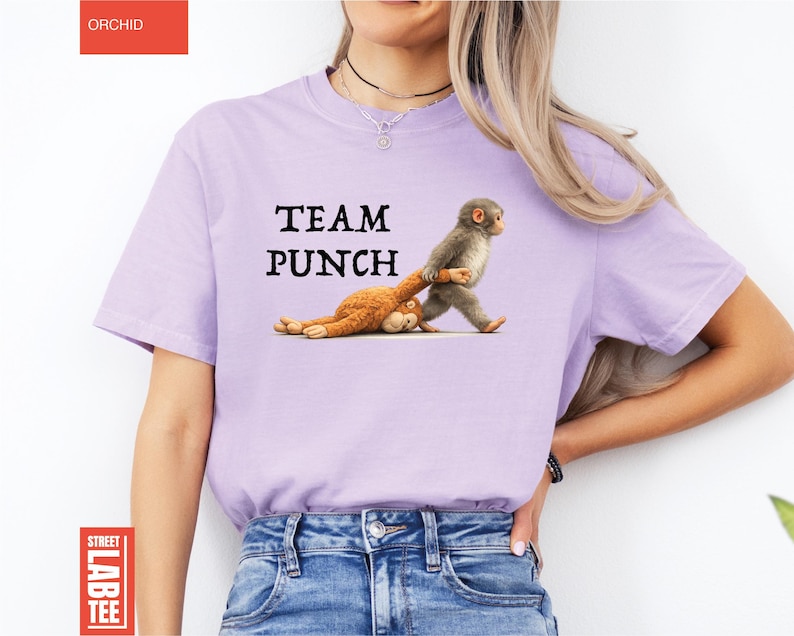 May include: A light purple t-shirt with the text "TEAM PUNCH" above a graphic of two monkeys. One monkey is pulling the other by the arm. The shirt is a casual style.