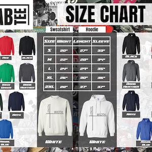 Op de afbeelding: Maattabel voor sweatshirts en hoodies. De tabel toont verschillende kleuren en maten voor beide kledingstukken. De tabel bevat de maten voor breedte, lengte en mouwlengte in inches.