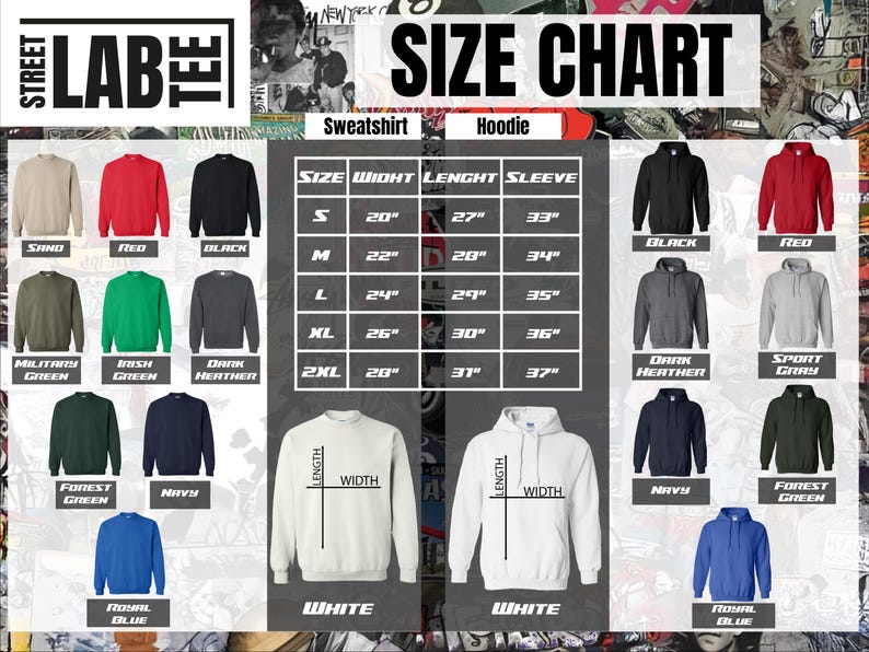 Op de afbeelding: Maattabel voor sweatshirts en hoodies. De tabel toont verschillende kleuren en maten voor beide kledingstukken. De tabel bevat de maten voor breedte, lengte en mouwlengte in inches.