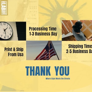 Op de afbeelding: Een gele achtergrond met een klok, een Amerikaanse vlag en een persoon met een doos. Tekst omvat "Print & Ship From USA", "Processing Time 1-3 Business Day", "Shipping Time 2-5 Business Day" en "THANK YOU".