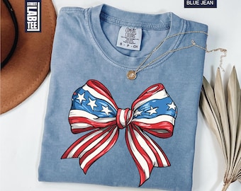 Patriotic Coquette Bow Comfort Colors Shirt, America T-Shirt, 4th of July Tee, USA Bow Shirt, American Girly Shirt, Red White and Blue