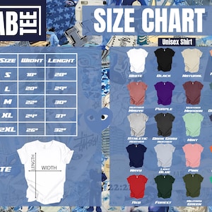 Op de afbeelding: Maattabel voor unisex shirts met afmetingen in inches. De tabel toont de breedte en lengte van shirts in de maten S, M, L, XL en 2XL. De tabel toont ook de kleurkeuzes voor de shirts, waaronder wit, zwart, naturel, heideperzik, heidepaars, paars, donkerrood, donkerblauw, atletisch heide, donkergrijs heide, mint, heidemarine, marine, lichtblauw, roze, oranje, rood, bos, legergroen en kelly.