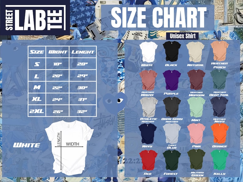 Op de afbeelding: Maattabel voor unisex shirts met afmetingen in inches. De tabel toont de breedte en lengte van shirts in de maten S, M, L, XL en 2XL. De tabel toont ook de kleurkeuzes voor de shirts, waaronder wit, zwart, naturel, heideperzik, heidepaars, paars, donkerrood, donkerblauw, atletisch heide, donkergrijs heide, mint, heidemarine, marine, lichtblauw, roze, oranje, rood, bos, legergroen en kelly.
