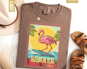 Summer Vibes Stamp Comfort Colors T-Shirt, Hello Summer Shirt, Flamingo Tee, Summer Beach Tee, Beach Vacation Shirt, Tropical Animal T-Shirt