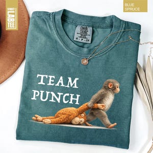 May include: Blue spruce Comfort Colors t-shirt with the text "TEAM PUNCH" and a graphic of a monkey pulling a stuffed animal. The shirt has a crew neck and short sleeves. A gold necklace with a pendant is on the shirt.