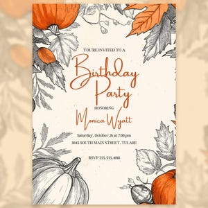 Elegante plantilla de invitación de cumpleaños con temática de cosecha de otoño / Invitación a fiesta de otoño / Plantilla editable de Canva