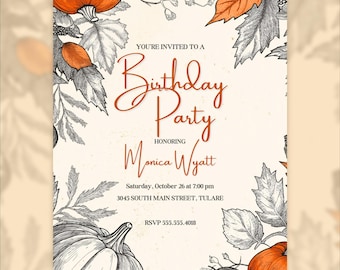 Elegante plantilla de invitación de cumpleaños con temática de cosecha de otoño / Invitación a fiesta de otoño / Plantilla editable de Canva