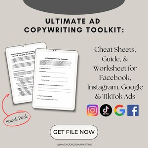 Könnte beinhalten: Ein digitales Marketing-Toolkit mit weißem Hintergrund. Das Toolkit enthält Spickzettel, einen Leitfaden und ein Arbeitsblatt für Facebook-, Instagram-, Google- und TikTok-Anzeigen. Das Toolkit steht zum Download bereit. Das Bild enthält auch die Social-Media-Icons für Instagram, TikTok, Google und Facebook.