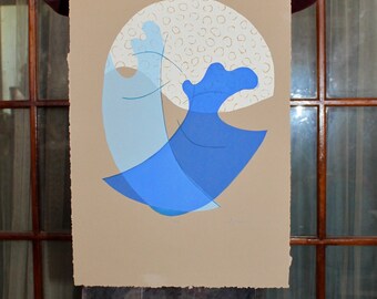 Original Screenprint. Ocean Waves Print. Hand Pulled Print. Landscape Art. Blue Wave Art. Geometric Wall Decor. Geometric Shape Art. Blue.
