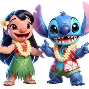 Lilo y Stitch vestidos con atuendos hawaianos y leis