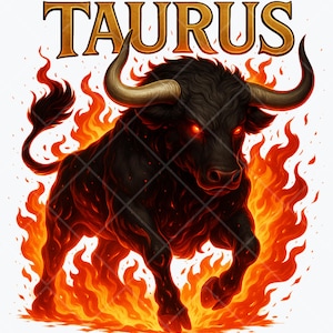 May include: A black bull with red eyes is engulfed in flames. The word "TAURUS" is written in gold above the bull.