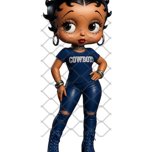 May include: A cartoon figure of a woman with dark skin, black hair, and large eyes. She wears a navy blue t-shirt with the word "COWBOYS" in white, matching ripped jeans, and platform boots. Silver hoop earrings and bracelets complete the look.