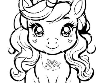 May include: A black and white line drawing of a cute unicorn with a rainbow and clouds on its chest. The unicorn has a spiral horn, large eyes, and a heart-shaped nose.