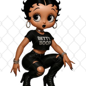 Op de afbeelding: Digitale illustratie van Betty Boop in een moderne, edgy stijl. Ze draagt een zwarte crop top met "BETTY BOOP" erop gedrukt, gecombineerd met een zwarte leren broek en laarzen. Zilveren oorringen en armbanden maken de look compleet.