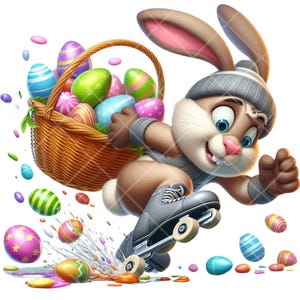 May include: A cartoon bunny wearing a grey hat and roller skates carries a basket full of colorful Easter eggs. The bunny is skating on a white surface with a trail of spilled egg dye.