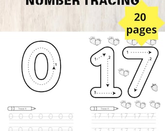 20 hojas de trabajo para trazar números, imprimibles para preescolar (descarga digital)