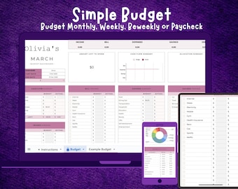 Planificador de presupuesto sencillo en Google Sheets: Semanal, quincenal, mensual (Descarga digital)