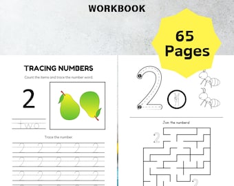 Hoja de trabajo de números para preescolar y jardín de infantes / +65 páginas / Hojas de trabajo de actividades imprimibles / Hojas de trabajo de práctica de formación de números