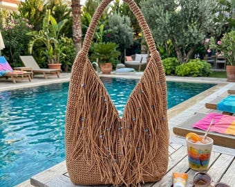 Crochet Tan Raffia Evil Eye Bag: Boho Straw Fringed Tote, Summer Beach Bag