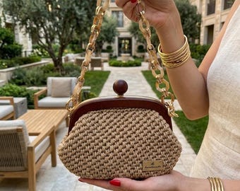 Brown Macrame Clutch Bag: Wooden Handle, Gold Chain, Luxury Evening Purse