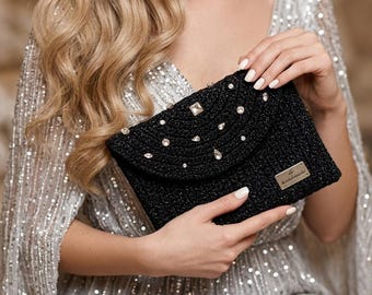 Crystal Beaded Bag, Rhinestone Bag, Macrame Bag, Evening Bag, Wedding Guest Clutch