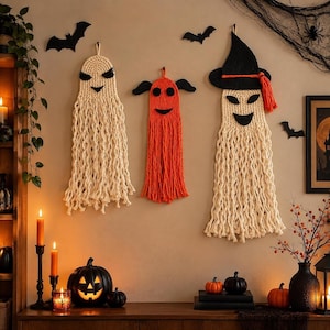 3 PCS Set Macrame Ghost Wall Hanging, Halloween Decor with Witch Hat Design