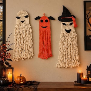 Geist Wandbehang aus Makramee für Halloween, 3 Größen mit Schlaufe
