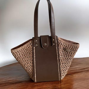 Bolso tote de rafia de crochet, bolso de playa de paja, bolso de rafia con asa superior, bolso tejido bohemio, bolso tote de cuero de verano para mujer, bolso de rafia de crochet marrón