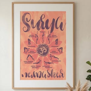 Può includere: Stampa artistica incorniciata con la parola "Surya" in grandi lettere stilizzate sopra le posizioni yoga. La stampa ha una calda combinazione di colori arancione e viola, con la parola "Namaskar" in basso.