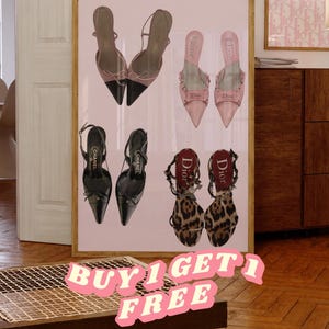 Póster de tacones vintage, póster rosa estético de zapatos Chanel Dior, regalo para ella, regalo rosa para una casa nueva, arte digital de pared con tacones de leopardo