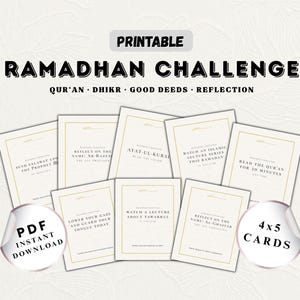 30 Desafios Islâmicos do Ramadã | Cartões com Alcorão, Dhikr e Reflexão | Cartões de Desafio Diário para Imprimir