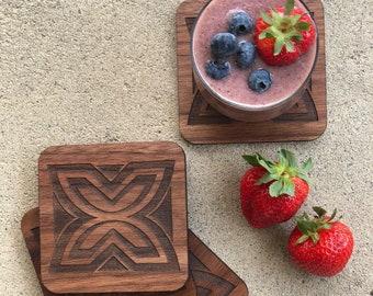 African Adinkra Wood Coasters - Fawohodie (a symbol of freedom) and Nsaa (a symbol of excellence) - Size: 4” x 4” x 1/4” inches