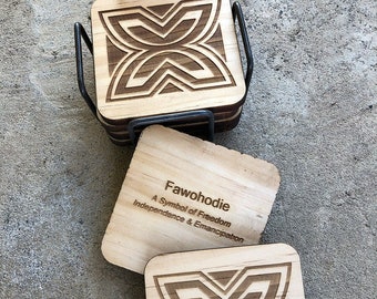 African Adinkra Wood Coasters - Fawohodie (a symbol of freedom) and Nsaa (a symbol of excellence) - Size: 4” x 4” x 1/4” inches