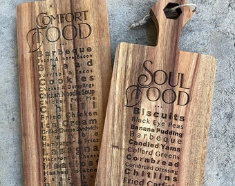 Soul Food and Comfort Food Charcuterie Boards Servers - Laser engraved with different Favorite Soul Food and Comfort Foods