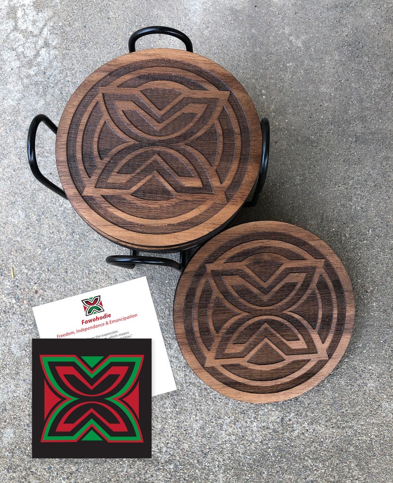 African Adinkra Round Coasters Housewarming gifts Dwennimmen strength & humility and Fawohodie symbol of freedom image 4