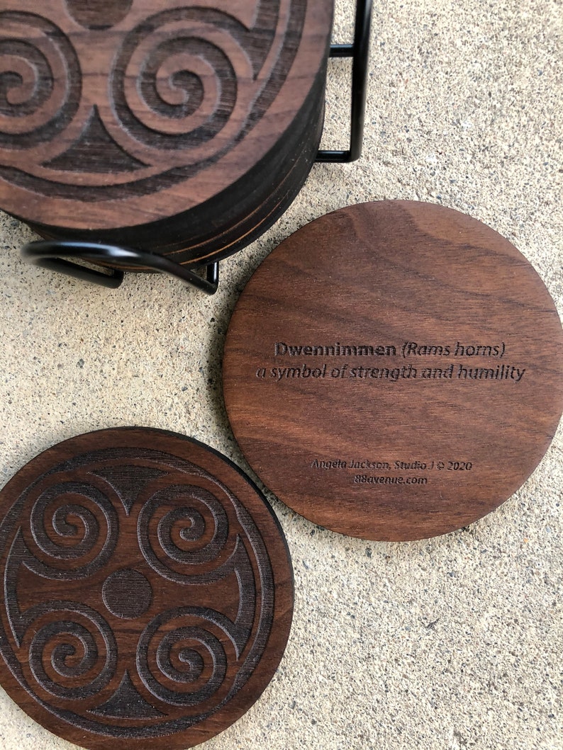 African Adinkra Round Coasters Housewarming gifts Dwennimmen strength & humility and Fawohodie symbol of freedom image 2