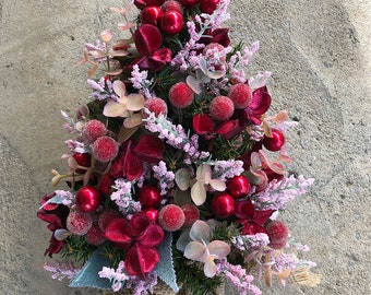 Christmas Tree Decorated for the Holidays - Red and Pink Flowers, Green Leaves, and Red Berries Holiday Tree