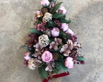 Christmas Tree decorated in Pink for the Holidays - Flowers and Leaves Holiday Tree