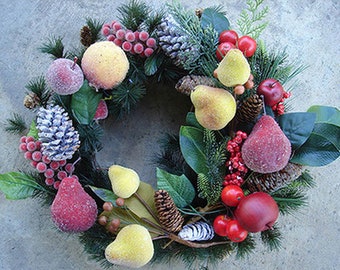 Fruit of Plenty Wreath Decorated for the Entryway - with Pears,Peaches, Plums, Pomegranate Fruit and Berries
