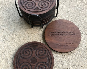 African Adinkra Round Coasters Housewarming gifts - Dwennimmen (strength & humility) and Fawohodie (symbol of freedom)