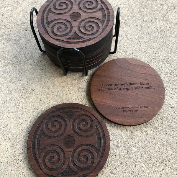 African Adinkra Round Coasters Housewarming gifts - Dwennimmen (strength & humility) and Fawohodie (symbol of freedom)