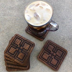 African Adinkra Nsaa Symbol Wood Coasters - Size: 4” x 4” x 1/4” inches