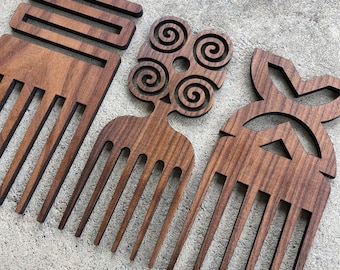 Afro Picks - Adinkra  Dwennimmen, Duafe, Fawohodie, Nkyinkym & Sankofa Symbol Combs - Walnut Wood - Laser cut with description note card