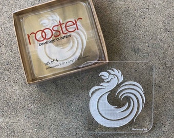Rooster Coasters - Acrylic and Wood - Size: 3 3/4" x 3 3/4" x 1/8" inches