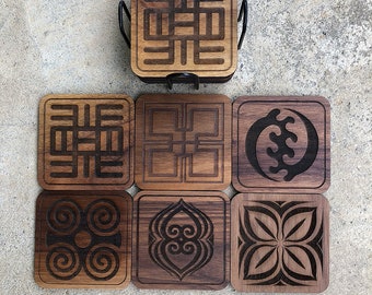 Adinkra Assorted - 4, 5, 6, 7 or 8 Wood Coaster Set - Size: 4” x 4” x 1/4” inches