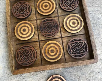 Tic Tac Toe Game with Adinkra Symbols - Acadia Wood: Fawohodie, a symbol of freedom & independence, and Nsaa, a symbol of excellence