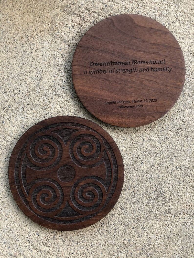 African Adinkra Round Coasters Housewarming gifts Dwennimmen strength & humility and Fawohodie symbol of freedom image 3