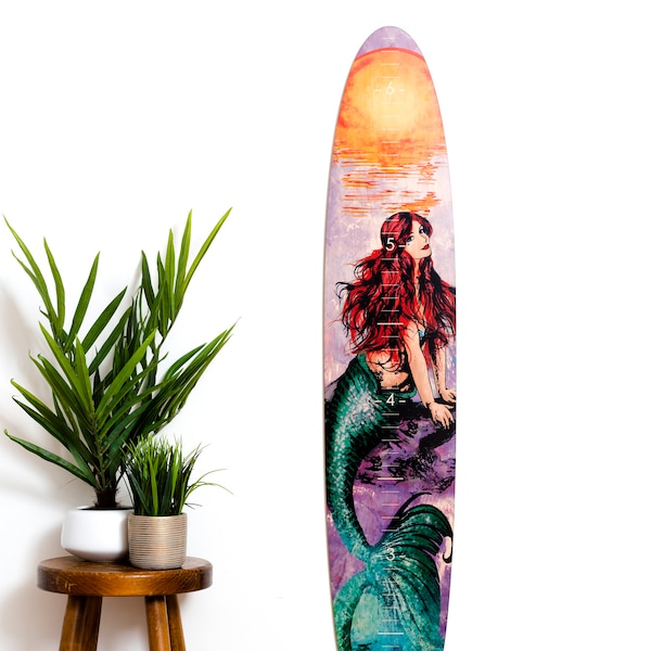 Mermaid Longboard, Classic Surfboard Growth Chart, Surfing, Surfboard Wall Art, Wood Longboard, Hawaii, Surf Decor, Girl